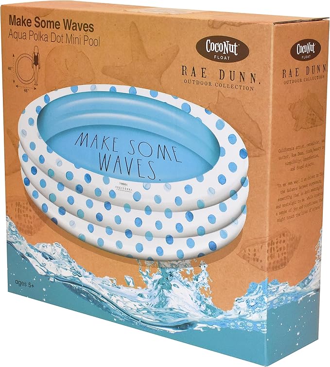 Rae Dunn x CocoNut Float Aqua Polka Dot Mini Pool - Make Some Waves Theme - Inflatable Swimming Pool for Kids - Great Splash Pool for Backyard, Summer Parties & Swim Events