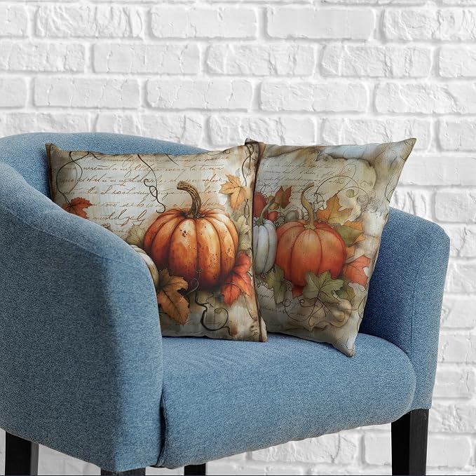 Fall Thanksgiving Outdoor Pillow Covers 18x18 Watercolor White Orange Pumpkin with Maple Leaves Decorative Pillow Case Set of 2 Autumn Vintage Cushion Case for Couch Patio Bench
