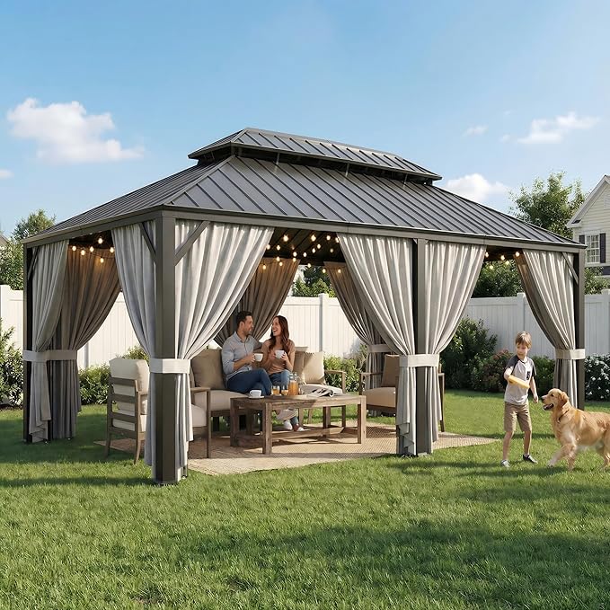 IRONCK 12'x20' Outdoor Hardtop Gazebo, Aluminum Patio Gazebo with Galvanized Steel Double Roof, Patio Pergola with Net and Curtain, Backyard Canopy for Garden, Deck, Black Gray