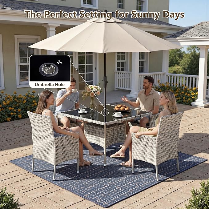 Outdoor Dining Set, 10-Piece Patio Furniture Set with Tempered Glass Table and 8 Cushioned Chairs, Dual-Strand Wicker Rattan, Balcony Furniture for Backyard, Garden, Deck,– Beige
