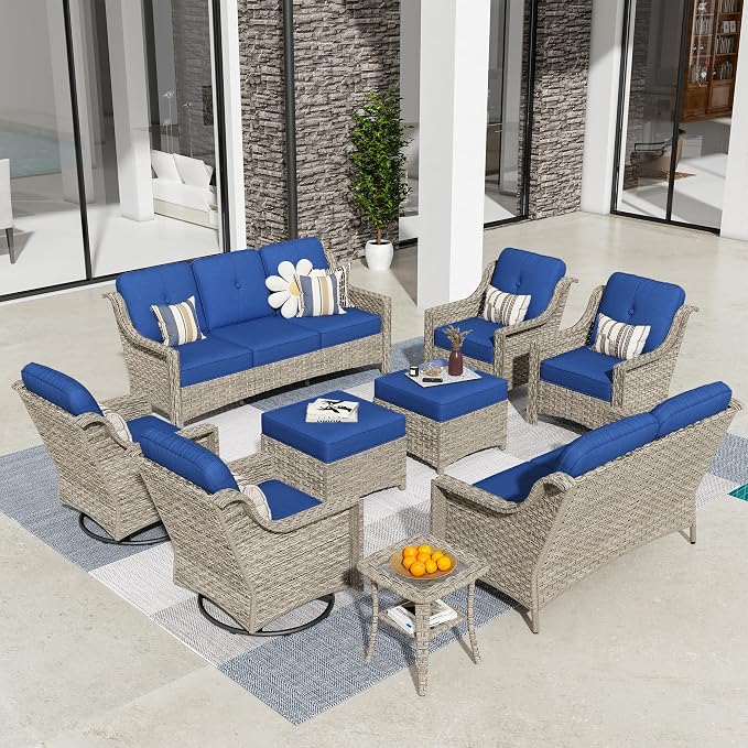 HOOOWOOO 9 Piece Patio Furniture Conversation Sets with Swivel Rocking Chairs,Outdoor Wicker Furniture with Ottoman,All Weather Resistant High Back Rattan Conversational Set(Denim Blue)