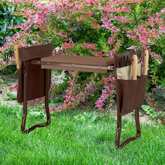 Pure Garden Garden Kneeler and Seat - 2-in-1 Foldable Garden Kneeling Pad and Stool with Removable Pockets for Gardening Tools - Gardening Gifts for Women, Mom, Dad, Seniors or Grandparents (Brown)