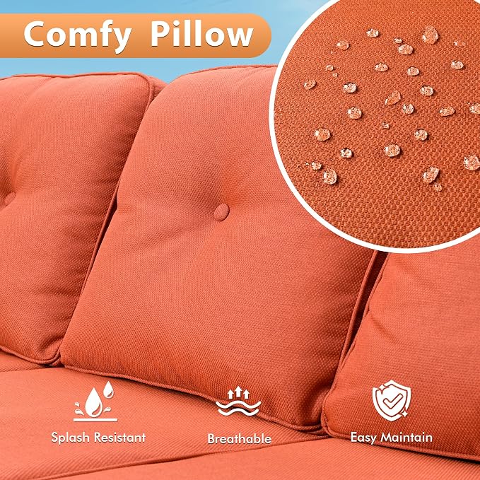 10 PCS Outdoor Patio Furniture Sets, Patio Conversation Sets Outside Rattan Soft Cushion Sofa with 4 Wicker Rocking Chairs & 54 in Fire Pit Table Fit Backyard Porch Garden Poolside Balcony,Orange Red
