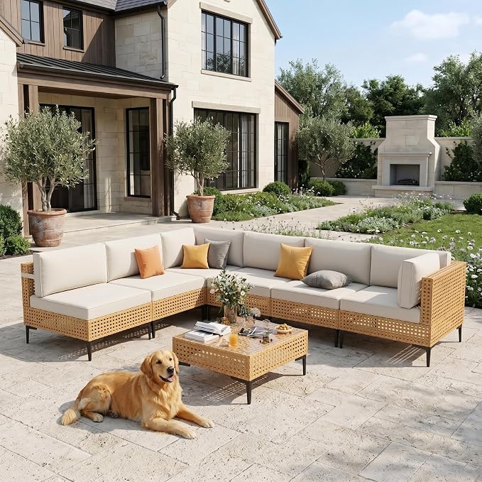 Restland 7 Piece Patio Furniture Wicker Modular Design Outdoor Sectional with Thick Cushion Large Patio Set Modern Boho Outdoor Conversation Set for Backyard, Porch