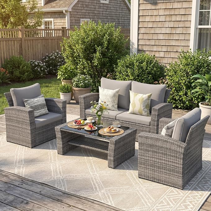 Wisteria Lane Patio Furniture Set, Wicker Outside Outdoor Furniture for All Weather, Patio Sofa with High Backrest Support and Wide Armrest for Backyard, Balcony, Deck, Porch, Light Gray