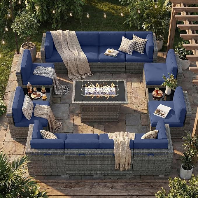 15 Pieces Patio Furniture Set with 44" Propane Gas Fire Pit Table, Outdoor Sectional Wicker Conversation Sofa Sets with Coffee Table