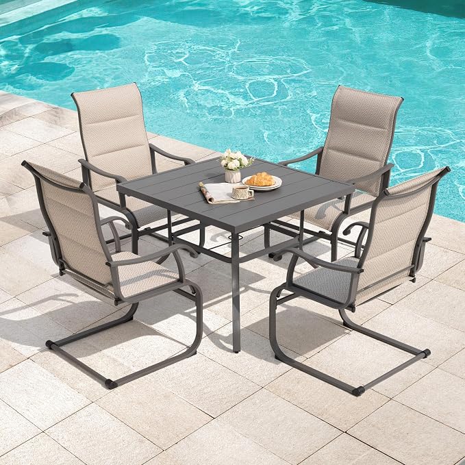 NUU GARDEN 5 Piece Outdoor Patio Dining Set, 37" Table with Umbrella Hole and 4 Textilene Dining Chairs, Patio Furniture for Porch Poolside Garden, Beige