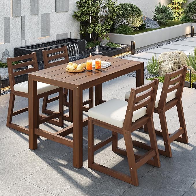 5-Piece Rustic Patio Bar Set, Acacia Wood Bar Table & Chairs with Slatted Tabletop for Backyard, Balcony, Poolside (Mocha11)