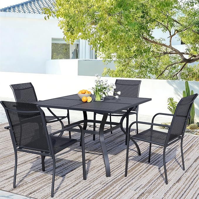 5 Piece Patio Dining Set for 4, 37.5” Black Square Table with Umbrella Hole and 4 Black Patio Stackable Chairs, Patio Table and Chairs for Backyard, Lawn, Deck & Garden