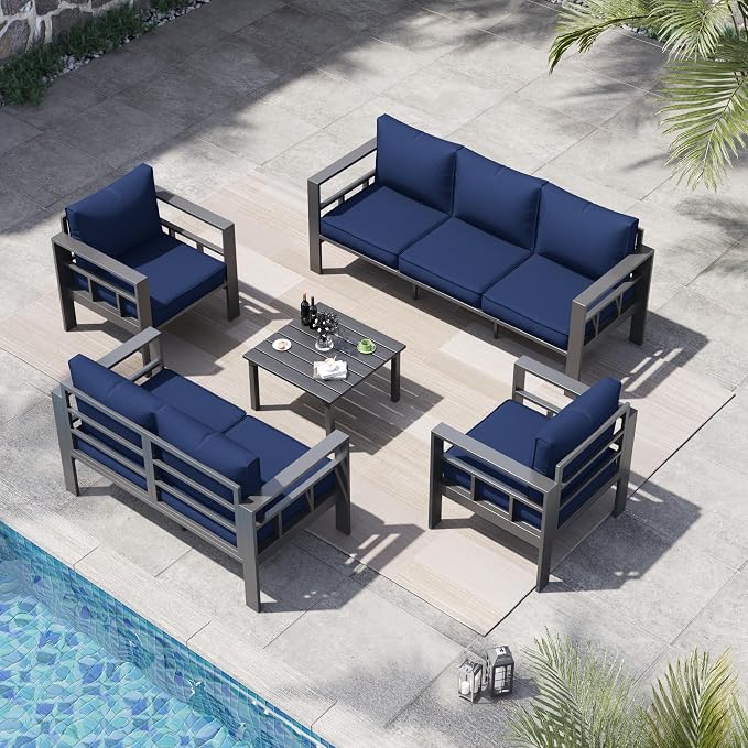 5 Piece Aluminum Patio Furniture Set, Thick Cushions, Aluminum Outdoor Sectional Conversation Set with Coffee Table for Porch, Backyard, Deck(Grey/Navy Blue)