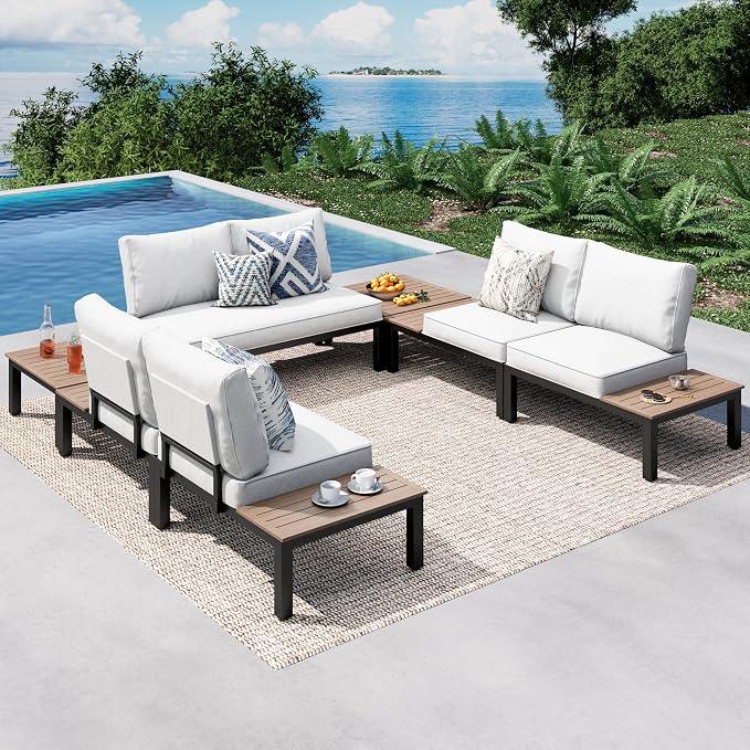 PHI VILLA 7 Pieces Outdoor Patio Furniture Set,Metal Frame Modern Outdoor Sectional Sofa Set,6 Seats Patio Conversation Sets with Coffee Table&Thickened Cushion,for Poolside and Backyard,Light Grey