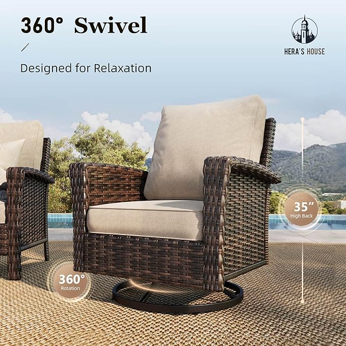 HERA'S HOUSE 5-Piece Patio Furniture Set with Outdoor Swivel Chairs & Fire Pit, High Back Wicker Conversation Sets with 5.5" Thick Cushions, All-Weather Deep Seating Sofa, Beige