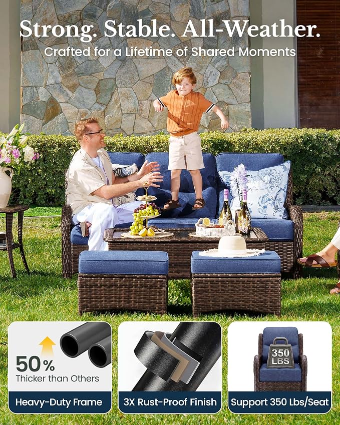 HILLGA 11-Piece Luxury Patio Furniture Set with 6" Thick Cushions, Weather-Resistant Wicker High Back Swivel Rocker Chairs, Senior-Friendly Outdoor Sofa Set for Large Deck, Yard and Poolside, Blue(V2)