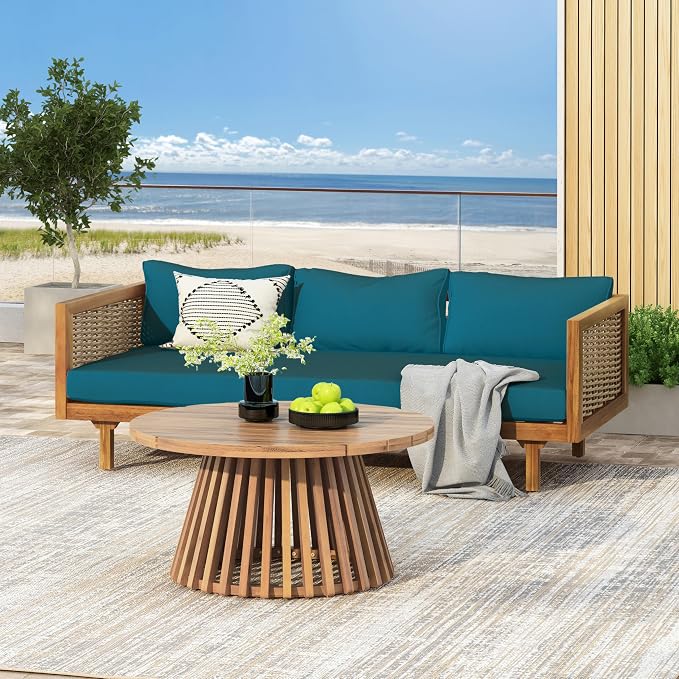 Christopher Knight Home Charm Patio Conversation Set, 3 Seater Acacia Wood Sofa, Spacious Seating Wicker Armrest Chair, Wood Coffee Table, Round Side Table, Outdoor Furniture for Garden, Dark Teal
