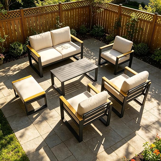 Aluminum Outdoor Patio Furniture - 1 Pcs Loveseat and Coffee Table, All-Weather Metal Modern Outside Furniture with Washable Thick Cushion for Balcony, Garden, Deck, Backyard, Beige