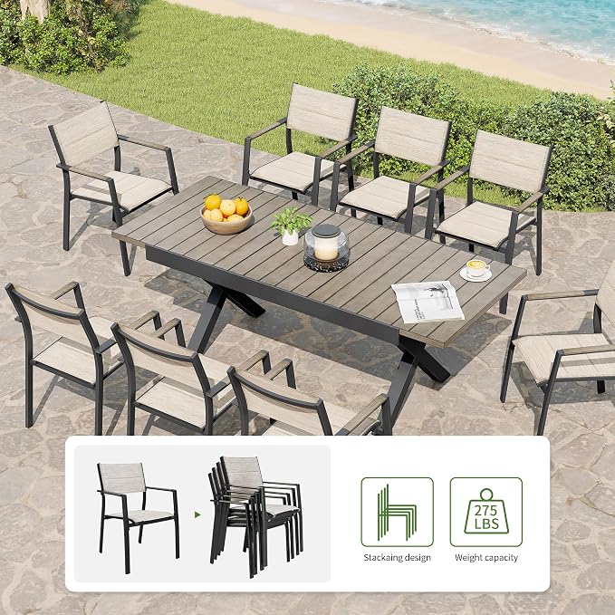 Outdoor Dining Set, 9 Piece Expandable Patio Dining Table and Textilene Chairs Set, Aluminum Patio Furniture Set for Table with Umbrella Hole and 8 Chairs for Patio, Garden, Lawn, Deck(Grey)