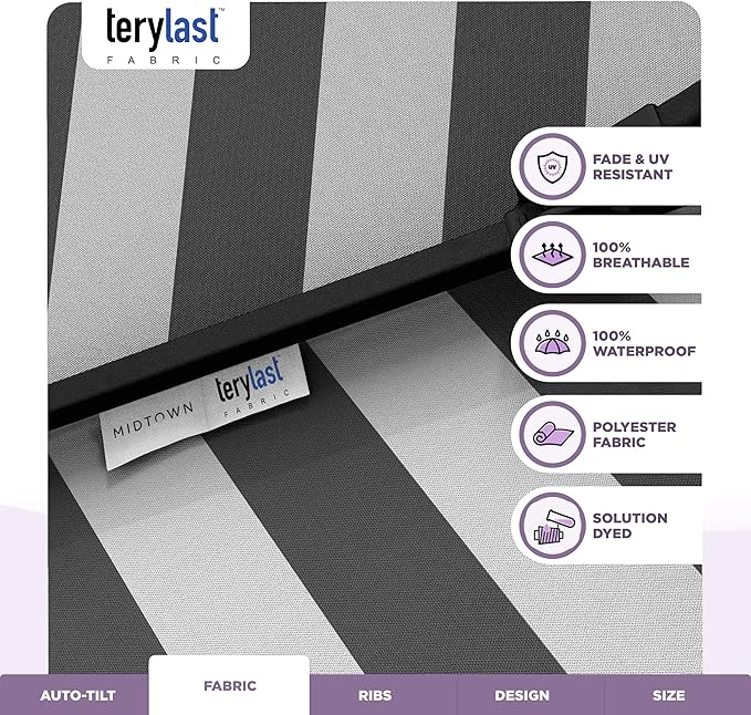 The Swilt 10 Feet Outdoor Umbrella With Terylast Matter Stripes (Grey/White) Polyester Fabric - Fiberglass Ribs, Auto-Tilt And Swivel Aluminum Frame Patio Umbrella For Deck, Garden, Pool - Black Pole