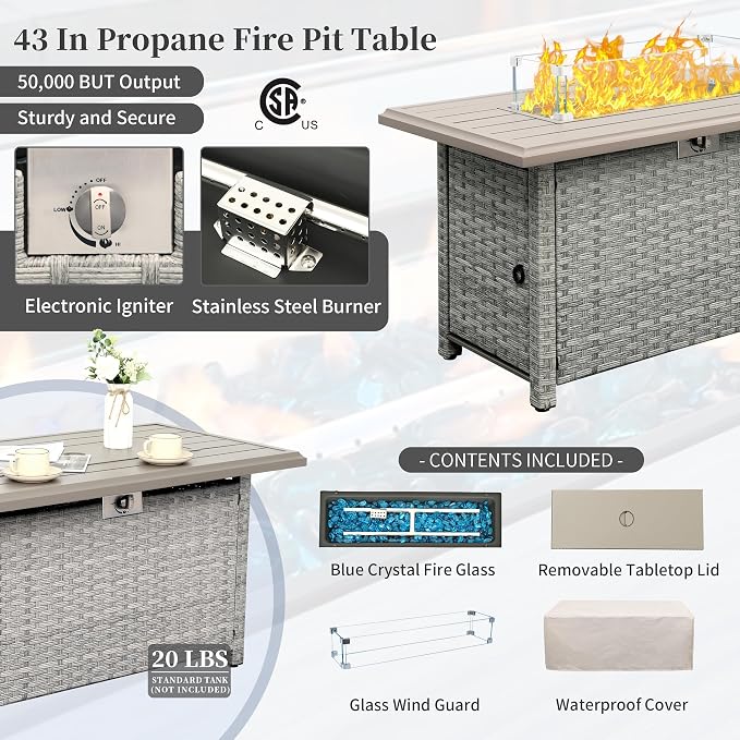 WAROOM Patio Furniture Set 7 Piece Grey Wicker Outdoor Conversation Sets PE Rattan Sectional Sofa with Propane Fire Pit Table and Anti-Slip Grey Cushion
