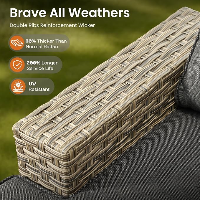 ovios 10 Piece Patio Sectional Furniture with 42in Fire Pit Table, Rattan Wicker Coversation Setwith Single Chairs, Outdoor Sofa Set for Outside Porch Balcony Backyard Pool, Black