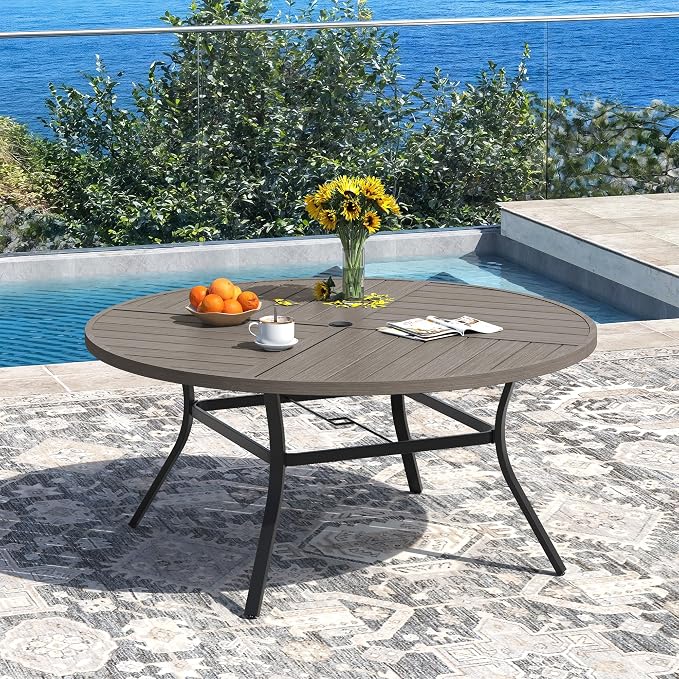 DIFY 7 Piece Outdoor Dining Set for 6, 53.1" Grey Wood-Like Round Metal Dining Table with Umbrella Hole and Swivel Patio Chairs with Sandshell Textilene, Patio Table and Chairs Set for Garden Backyard