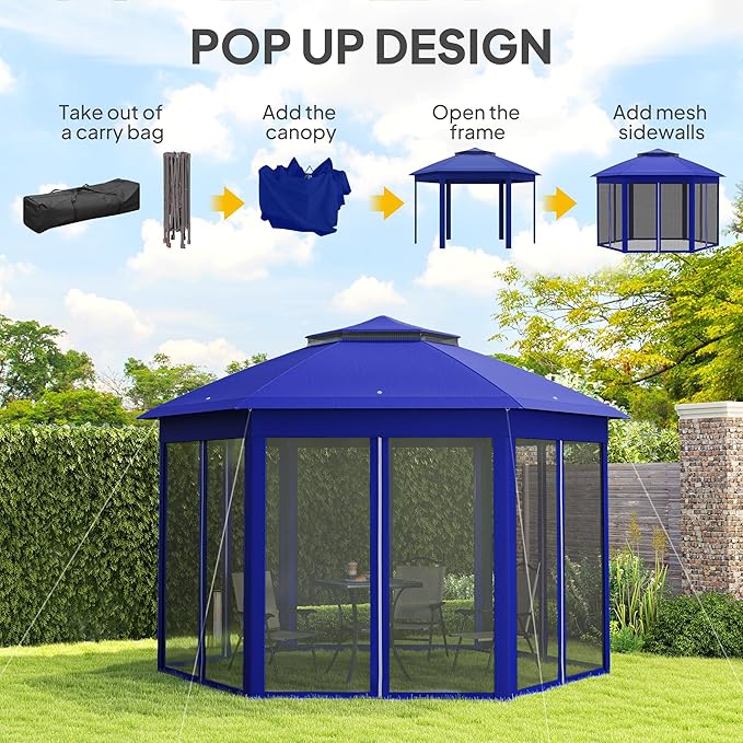 Outsunny 13' x 13' Pop Up Gazebo, Hexagonal Canopy Shelter with 6 Zippered Mesh Netting, Event Tent with Strong Steel Frame for Patio Backyard Garden Wedding Party, Dark Blue and Black