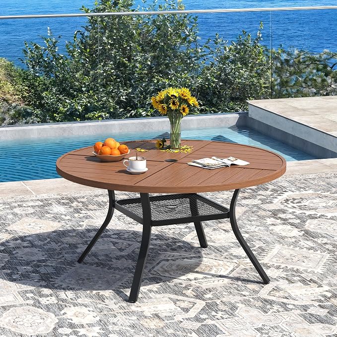 DIFY 7 Pieces Outdoor Dining Set for 6, 47.2" Walnut Round Metal Table with 4 Stackable Wicker Patio Chairs & 2 Swivel Chairs, Patio Furniture Set with Cushions and Umbrella Hole, Wheat Rattan