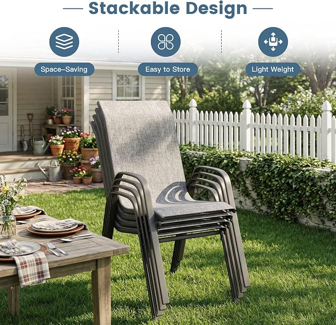 DIFY 7 Piece Outdoor Dining Set, 50" Grey Wood-Like Round Metal Patio Table and Grey Textilene Stackable Chairs for 6, All Weather Patio Furniture Set with Umbrella Hole for Backyard Garden Deck