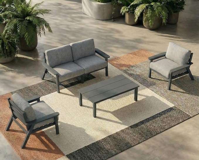 HDPE 5 Piece Patio Furniture Set, Outdoor Sectional Furniture with Grey Washable Thick Cushions & Coffee Table, Patio Conversation Sets for Garden, Porch, Balcony, Deck (Grey Frame)