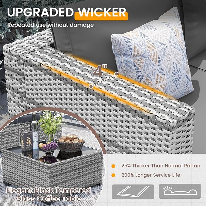 UDPATIO Patio Furniture Set with 44'' Fire Pit Table, 8 PCS Outdoor Sectional Furniture Sets, Outdoor Conversation Set PE Rattan Sofa for Backyard W/Coffee Table (Grey Cushions with Grey Rattan)