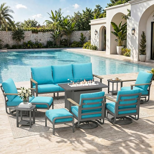 Aluminum Outdoor Patio Furniture Set, 10-Piece Sectional Sofa with 5.1" Thick Cushions, 4 Swivel Rocking Chairs, 55,000 BTU Propane Fire Pit Table, Outdoor Couch for Backyard, Deck, Blue