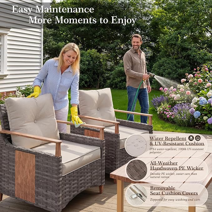NestNook 6 Pieces Patio Furniture Set, Outdoor Conversation Set with All-Weather Handwoven PE Wicker Sofa, Rattan Chairs and Thick Cushion, Coffee Table & Ottoman for Backyard, Deck & Poolside, Beige
