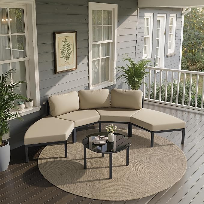 Crestlive Curved Patio Furniture Set, Modular Half Moon 4-Seater Sofa with Round Coffee Table, Aluminum Outdoor Sectional with 4.3" Cushions, All-Weather Couch for Backyard, Deck, Porch, Poolside