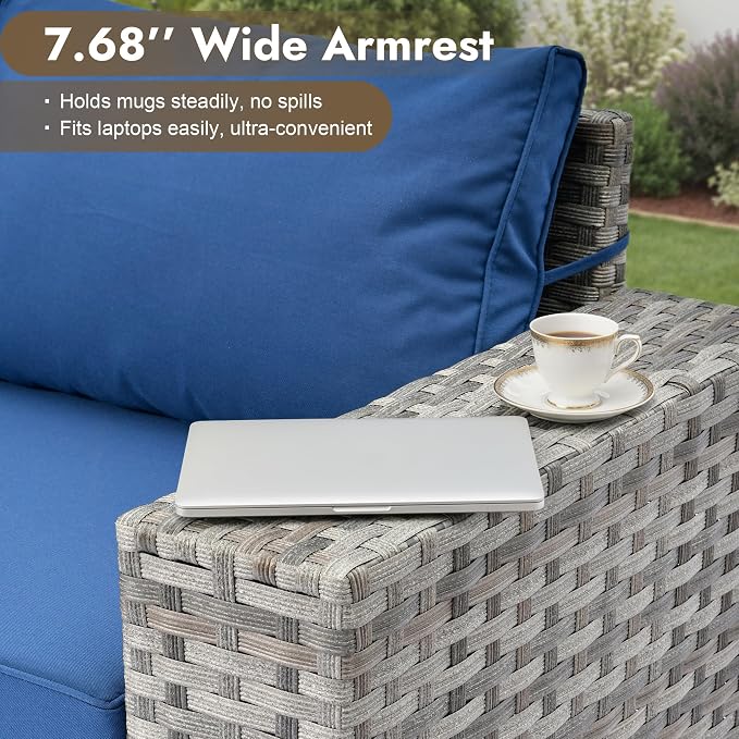 6 Pieces Patio Furniture Set, Wicker Outdoor Sectional Sofa with Coffee Table Comfy Cushions, Modern Modular Deep Seat Rattan Couch Conversation Set for Backyard Porch Yard,Navy Blue