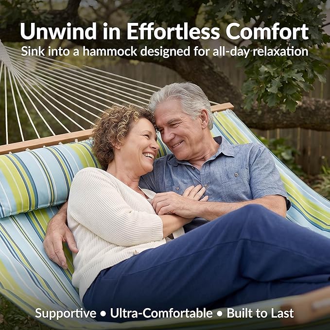 Sunnydaze Quilted Double Hammock with Stand for Outside - 440 lb Capacity Universal Black Steel Stand - UV Resistant, Quick Dry Fabric - Pillow, Chains, and Hardware Included - Blue and Green