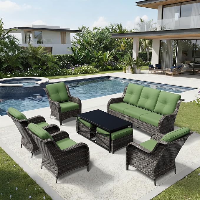 Joyside 8 Piece Wicker Patio Furniture Set, Rattan Patio Chairs with High Back, Deep Seating, Wide Armrest, Thickened Cushions, Outdoor Furniture for Deck, Porch Use