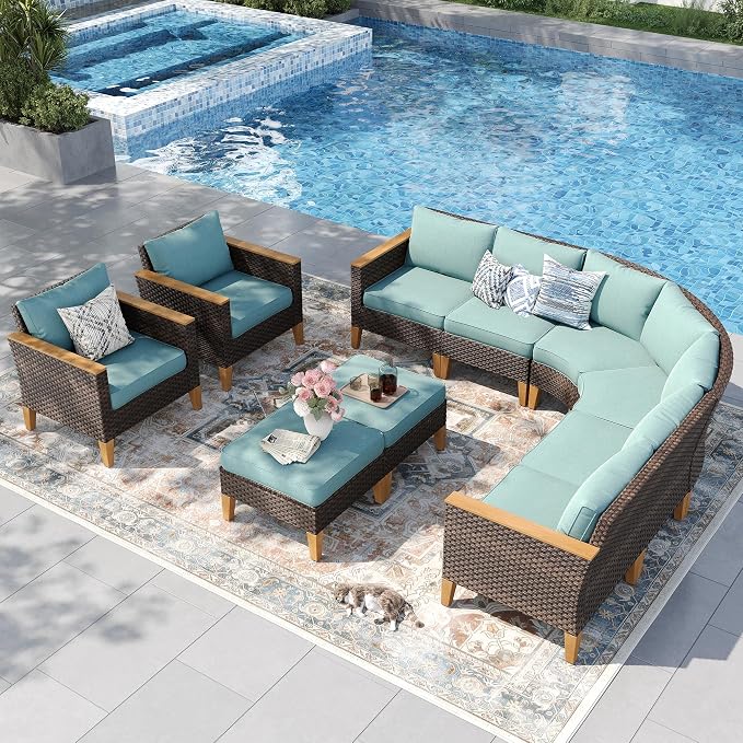 PHI VILLA 9-Piece Wicker Patio Furniture Set, Outdoor Half-Moon Curved Sectional Sofa with Thick Aqua Blue Cushions, 2 Ottomans, 2 Single Seats, Large Conversation Seating for Garden or Backyard