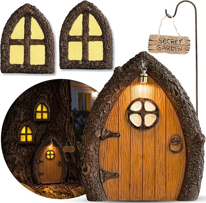 Fairy Door and Windows for Trees – Glow in The Dark Yard Art Sculpture Decoration for Kids Room, Wall and Trees Outdoor | Miniature Fairy Garden Outdoor Decor Accessories with Secret Garden Sign