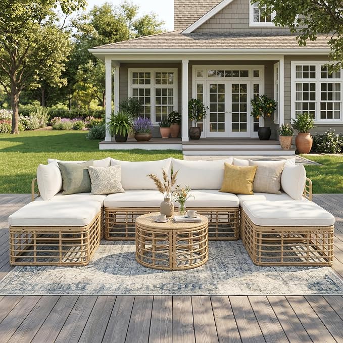 7 Pieces Outdoor Patio Furniture, All-Weather Rattan Sectional Sofa Set with Thick Cushions and Pillows, Freely Combined Conversation Sets for Garden, Backyard, Balcony, Beige