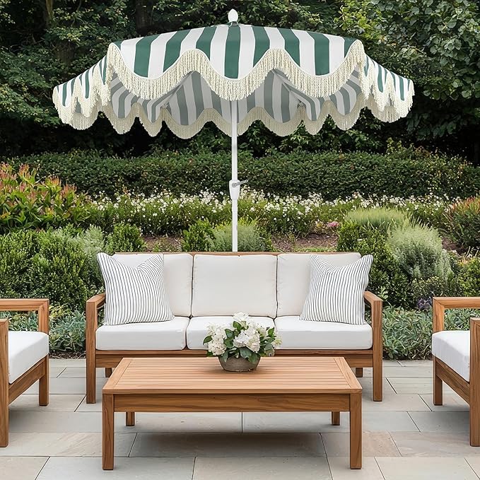 Eyely BMU1001 Halden 9 ft. Classic Cottage Tassel Market Patio Umbrella with Auto-Tilt, Crank