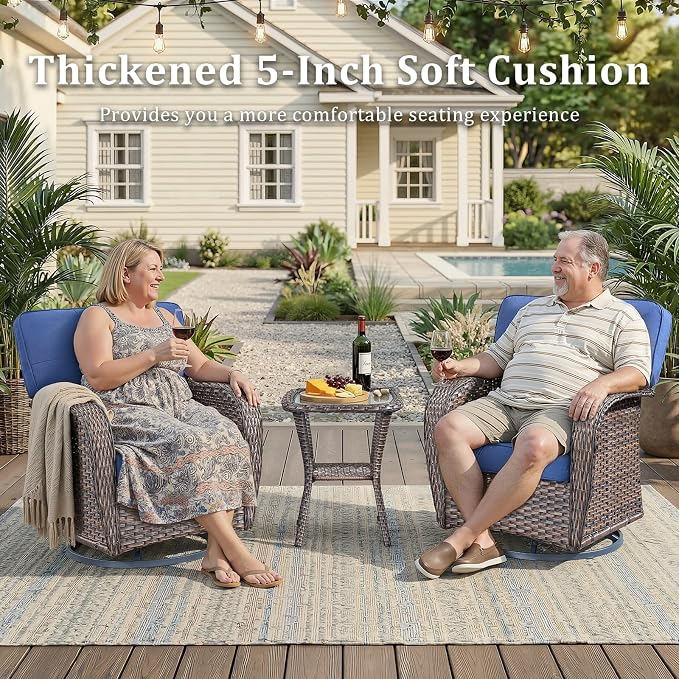 7-Piece Wicker Patio Furniture Set with 5-Inch Thick Cushions Weather Resistant Rattan High Back Swivel Rocker Chairs Senior Friendly Conversation Set for Small Porch Deck Sunroom Brown/Blue