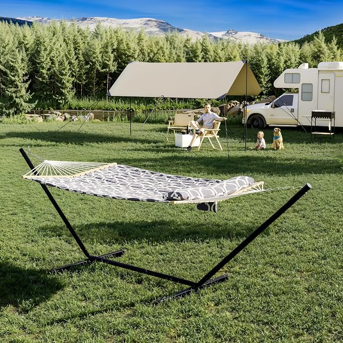 12FT Hammock with Stand for Outside,Heavy Duty Hammock Stand and Cotton Polyester Fabric,450lbs Capacity,Carrying Bag,2 Person Hammocks for Patio,Garden,Backyard,Camping, or Beach,Light Grey