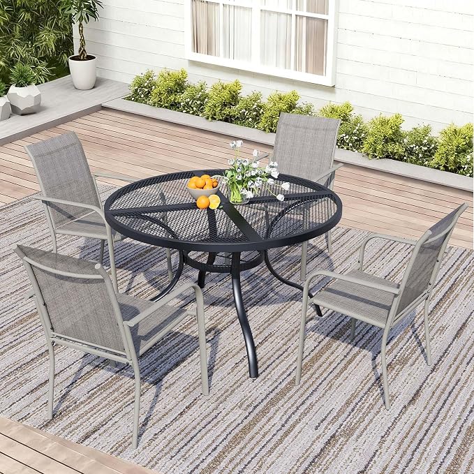 5 Piece Patio Dining Set for 4, 42” Black Round Table with Umbrella Hole and 4 Grey Patio Stackable Chairs, Patio Table and Chairs for Backyard, Lawn, Deck & Garden