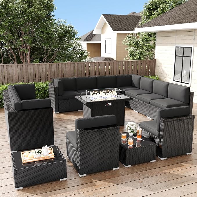 LayinSun 15 Pieces Patio Furniture Set with Fire Pit Table, Black Rattan Modular Sectional Outdoor Conversation Sofa Set, Swivel Rocking Chairs Set