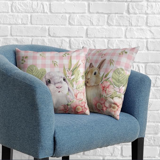 Easter Bunny Pillow Covers 18x18 Set of 2 Spring Floral Decorative Pillowcase Cute Rabbit Cotton Linen Cushion Case Pink Plaid Throw Pillow Covers for Sofa Patio Outdoor