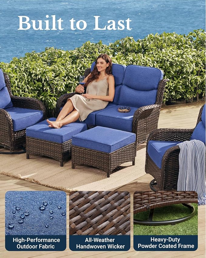 HILLGA Luxury High Back Patio Furniture Set with 6-Inch Thick Cushion, 5-Piece Outdoor Conversation Set with Loveseat, Swivel Rocker Chairs & Ottomans, Ideal for Porch Pool Deck Yard (Blue)