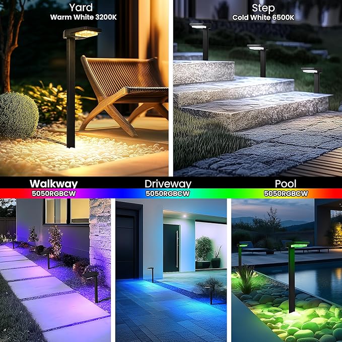 AUDERWIN 4 Pack Color Changing & Sync Smart Solar Pathway Lights, Solar Lights Outdoor Waterproof, 9 Modes (Warm White/Cool White/RGB) Landscape Lighting for Driveway, Walkway, Garden, Yard, Patio
