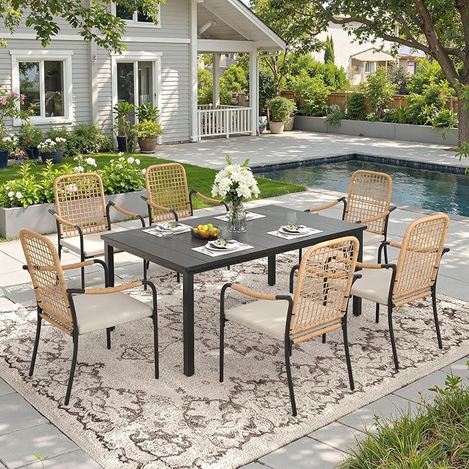 DIFY 7 Pieces Outdoor Dining Set, Metal Patio Table and Chairs Set for 6, 63" Rectangle Dining Table with Umbrella Hole & Wicker Stackable Patio Chairs with Cushions, Black Tabletop