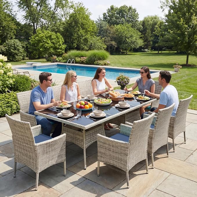 10-Piece Patio Dining Set, Patio Furniture Set with Square Tempered Glass Table & 8 Wicker Chairs, Expandable Design for Larger Groups, Outdoor Furniture for Backyard, Deck, Garden, Navy Blue