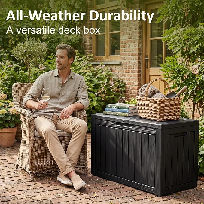 55 Gallon Outdoor Storage Box Waterproof, Small Resin Deck Box with Lockable Lid, UV-Resistant and Weatherproof Outside Storage Bin for Patio Cushions, Garden Tool, Pool Accessories, Furniture, Pillow