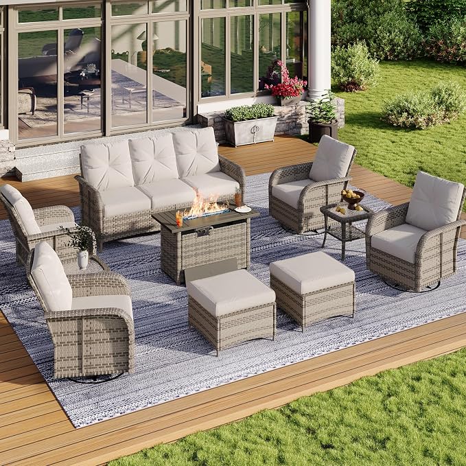 Aoxun 10-Piece Patio Furniture Set with 44” Fire Pit Table, Wicker Rattan Outdoor Sectional Sofa with High Back Swivel Rocker Chairs, Outdoor Patio Furniture Set with Thick Cushions & Ottoman, Grey